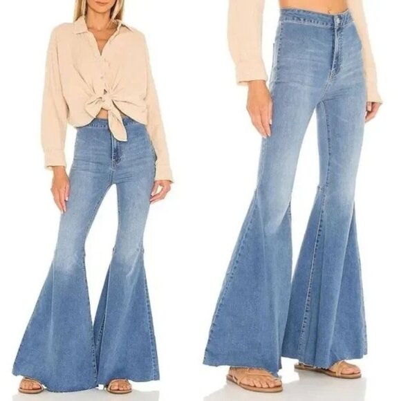 Free People Float On Super Flare Jeans Love Letters Medium Wash Wide Leg Size 27 - Picture 5 of 5